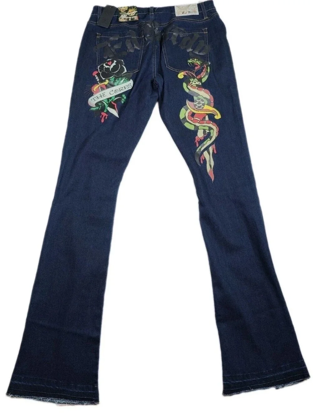 NWT Ed Hardy Stacked Boot Raw Hem The Corps Snake Dark Wash Jeans Size 32x36